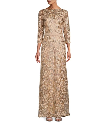 Tadashi Shoji Embroidered Boat Neck 3/4 Sleeve Long Sleeve Gown