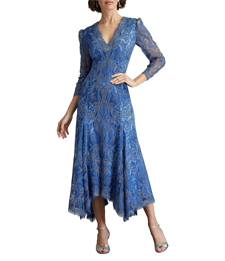 Tadashi Shoji Embroidered Corded Lace V-Neck 3/4 Sleeve High Low Midi Dress