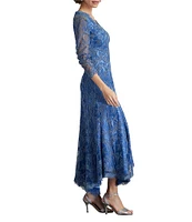 Tadashi Shoji Embroidered Corded Lace V-Neck 3/4 Sleeve High Low Midi Dress