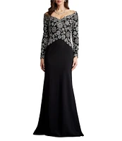 Tadashi Shoji Embroidered Lace Crepe Off The Shoulder Long Sleeve Gown