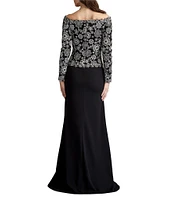 Tadashi Shoji Embroidered Lace Crepe Off The Shoulder Long Sleeve Gown