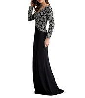 Tadashi Shoji Embroidered Lace Crepe Off The Shoulder Long Sleeve Gown