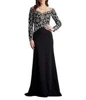 Tadashi Shoji Embroidered Lace Crepe Off The Shoulder Long Sleeve Gown