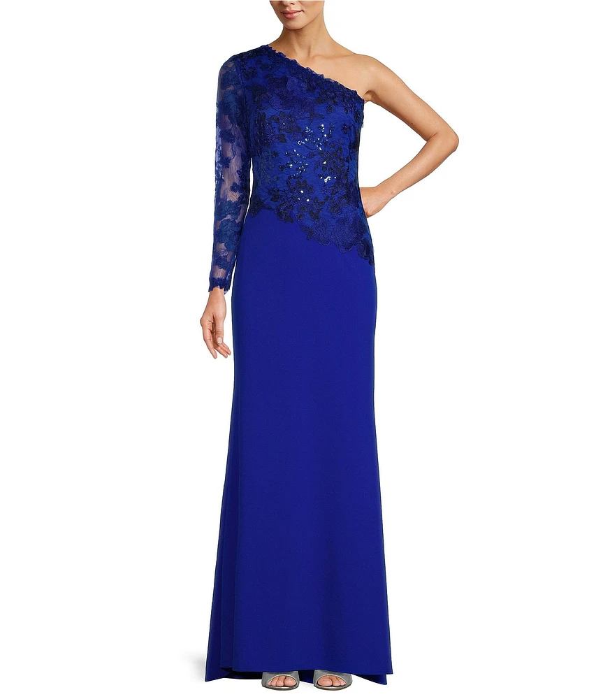 Tadashi Shoji Embroidered Lace Crepe One Shoulder Long Sleeve Gown