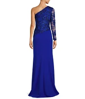 Tadashi Shoji Embroidered Lace Crepe One Shoulder Long Sleeve Gown