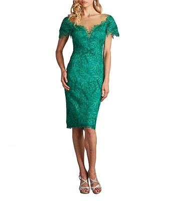 Tadashi Shoji Embroidered Lace Illusion Sweetheart Neck Cap Sleeve Sheath Dress