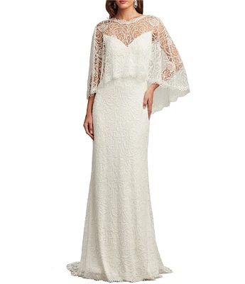 Tadashi Shoji Embroidered Lace Sweetheart Neck Caplet V-Plunge Back Gown