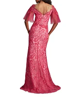 Tadashi Shoji Embroidered Sweetheart Neck Short Sleeve Mermaid Gown