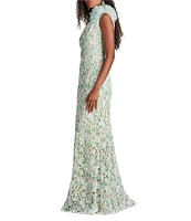 Tadashi Shoji Floral Embroidered Lace Asymmetrical Neck Pom-Pom Shoulder Sheath Gown