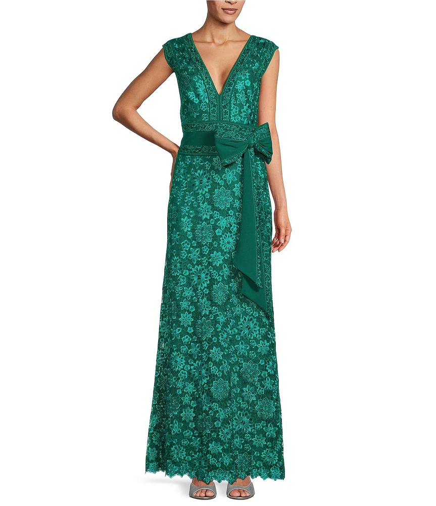 Tadashi Shoji Floral Embroidered Lace V-Neck Sleeveless Bow Gown