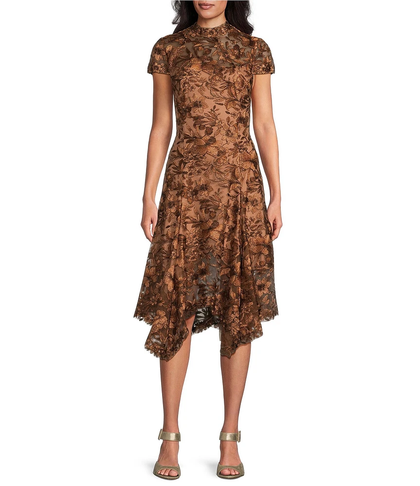 Tadashi Shoji Floral Embroidered Mock Neck Cap Sleeve Hanky Hem Midi Dress