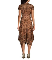 Tadashi Shoji Floral Embroidered Mock Neck Cap Sleeve Hanky Hem Midi Dress