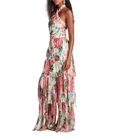 Tadashi Shoji Halter Twist Floral Print Chiffon Layered Fringe Hem Gown