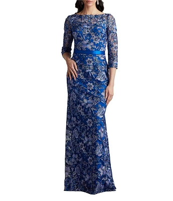 Tadashi Shoji Illusion 3/4 Sleeve Two Tone Embroidered Lace A-Line Gown