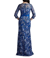 Tadashi Shoji Illusion 3/4 Sleeve Two Tone Embroidered Lace A-Line Gown