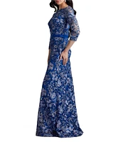 Tadashi Shoji Illusion 3/4 Sleeve Two Tone Embroidered Lace A-Line Gown