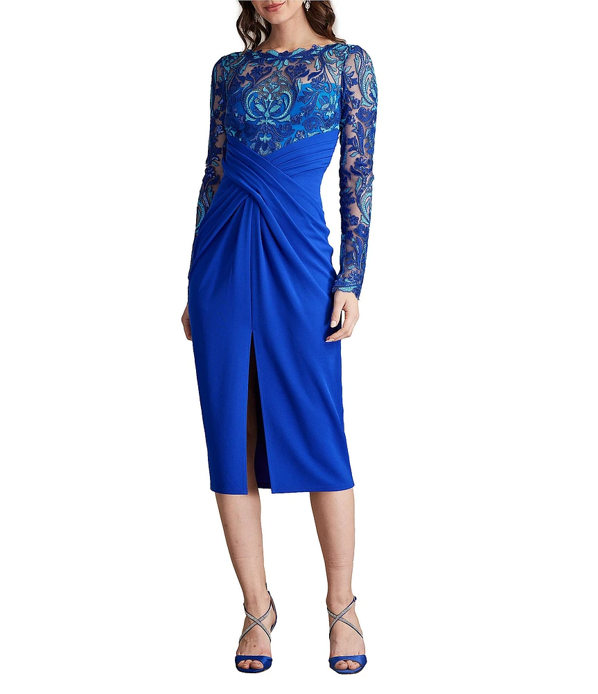 Tadashi Shoji Illusion Lace Crepe Boat Neck Long Sleeve Pleated Midi Dress