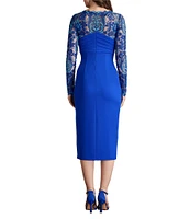 Tadashi Shoji Illusion Lace Crepe Boat Neck Long Sleeve Pleated Midi Dress