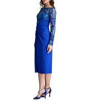 Tadashi Shoji Illusion Lace Crepe Boat Neck Long Sleeve Pleated Midi Dress