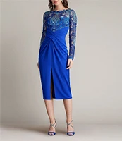 Tadashi Shoji Illusion Lace Crepe Boat Neck Long Sleeve Pleated Midi Dress