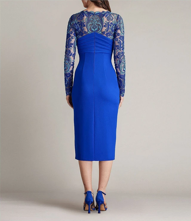 Tadashi Shoji Illusion Lace Crepe Boat Neck Long Sleeve Pleated Midi Dress  | Liberty Center