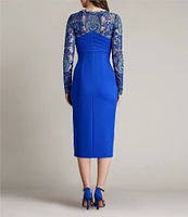 Tadashi Shoji Illusion Lace Crepe Boat Neck Long Sleeve Pleated Midi Dress