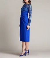 Tadashi Shoji Illusion Lace Crepe Boat Neck Long Sleeve Pleated Midi Dress