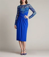 Tadashi Shoji Illusion Lace Crepe Boat Neck Long Sleeve Pleated Midi Dress