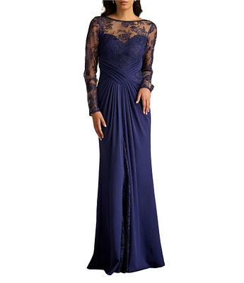 Tadashi Shoji Illusion Lace Long Sleeve Twist Front Crepe Aline Gown