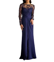 Tadashi Shoji Illusion Lace Long Sleeve Twist Front Crepe Aline Gown