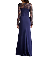 Tadashi Shoji Illusion Lace Long Sleeve Twist Front Crepe Aline Gown