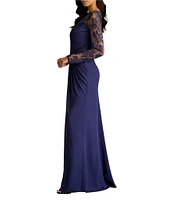 Tadashi Shoji Illusion Lace Long Sleeve Twist Front Crepe Aline Gown