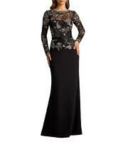 Tadashi Shoji Illusion Long Sleeve Embroidery Lace Crepe Aline Gown