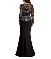 Tadashi Shoji Illusion Long Sleeve Embroidery Lace Crepe Aline Gown