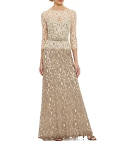 Tadashi Shoji Illusion Boat Neck 3/4 Sleeve Two Tone Floral Lace Scallop Hem Belted Gown