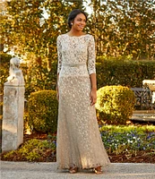 Tadashi Shoji Illusion Boat Neck 3/4 Sleeve Two Tone Floral Lace Scallop Hem Belted Gown