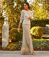 Tadashi Shoji Illusion Boat Neck 3/4 Sleeve Two Tone Floral Lace Scallop Hem Belted Gown