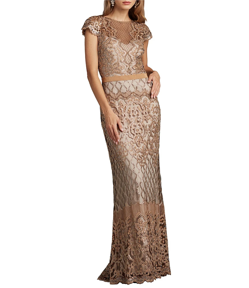 Tadashi Shoji Illusion Neck Cap Sleeve Sequin Lace Column Gown