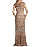 Tadashi Shoji Illusion Neck Cap Sleeve Sequin Lace Column Gown
