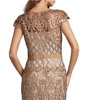 Tadashi Shoji Illusion Neck Cap Sleeve Sequin Lace Column Gown