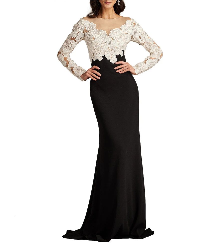 Tadashi Shoji Illusion V-Neck Long Sleeve Lace Bodice Crepe Gown