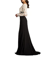 Tadashi Shoji Illusion V-Neck Long Sleeve Lace Bodice Crepe Gown