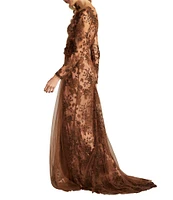 Tadashi Shoji Illusion V-Neck Long Sleeve Tulle Overlay Lace Gown