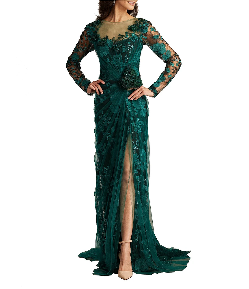 Tadashi Shoji Illusion V-Neck Long Sleeve Tulle Overlay Lace Gown