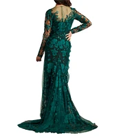 Tadashi Shoji Illusion V-Neck Long Sleeve Tulle Overlay Lace Gown