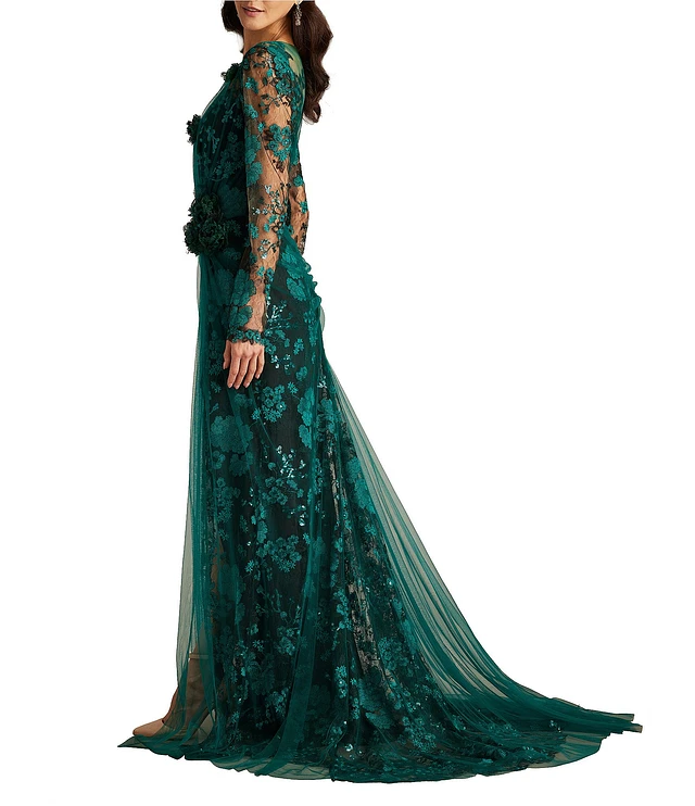 Tadashi Shoji Illusion V-Neck Long Sleeve Tulle Overlay Lace Gown | Liberty  Center