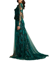 Tadashi Shoji Illusion V-Neck Long Sleeve Tulle Overlay Lace Gown