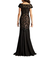 Tadashi Shoji Lace Chenille Embroidered Off-The-Shoulder V-Neck Cap Sleeve Sheath Gown