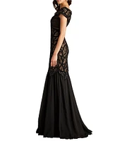 Tadashi Shoji Lace Chenille Embroidered Off-The-Shoulder V-Neck Cap Sleeve Sheath Gown