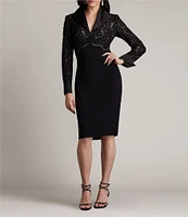 Tadashi Shoji Lace Crepe Collar V-Neckline Long Cuffed Sleeve Dress